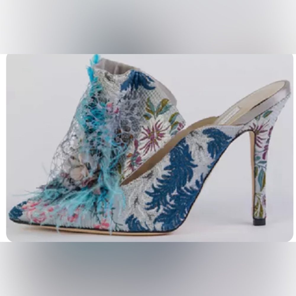 🩵 VERY RARE 🩵 ANDREA MONDIN Antoinette Floral Plums Fishnet Mules Shades Blue
